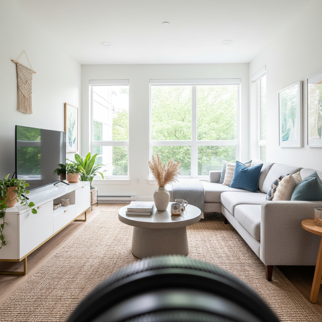Beautifully staged and professionally lit living room in a modern Airbnb rental property, emphasizing welcoming ambiance.