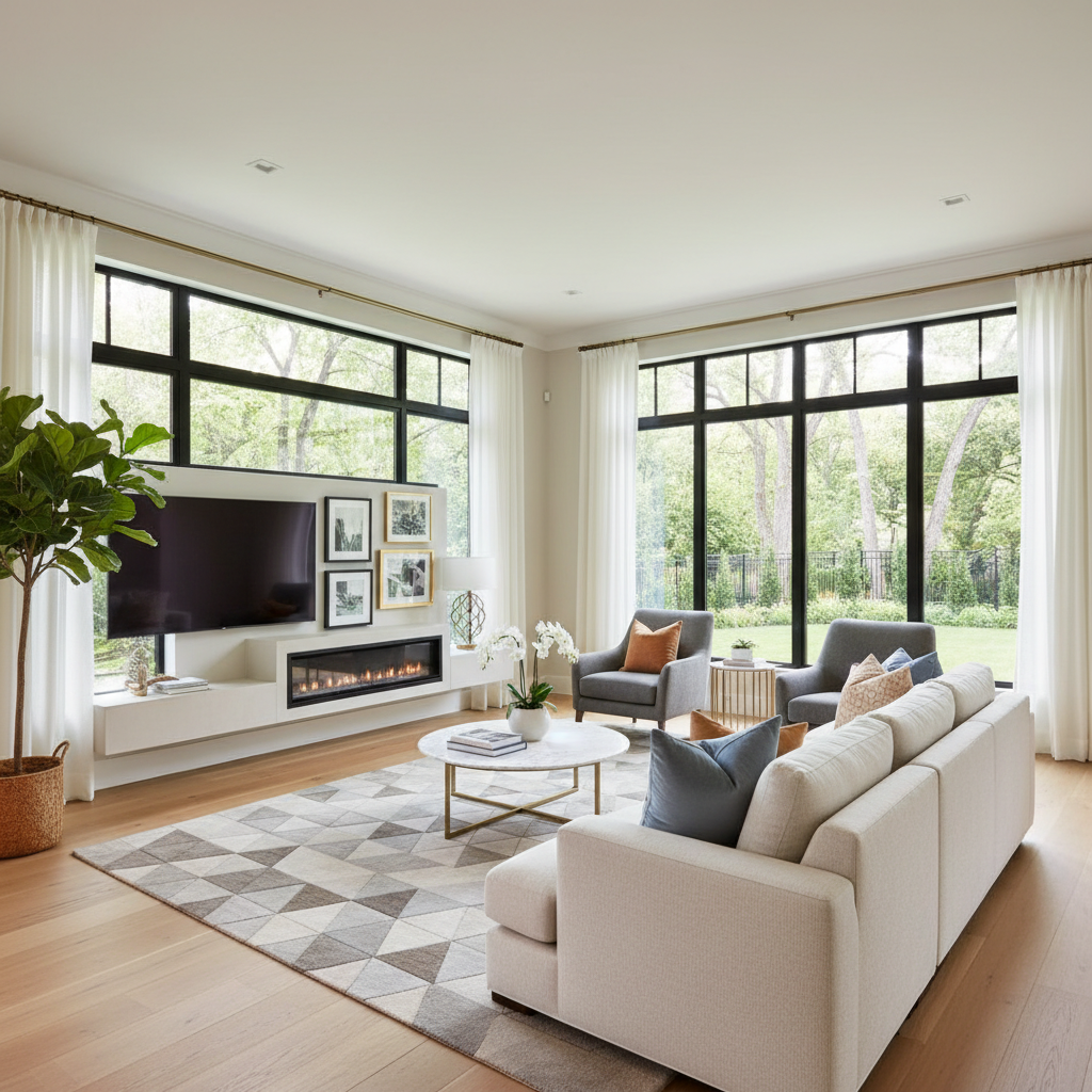 Beautifully staged living room with large windows and bright natural light, representing high-quality real estate listing photos.