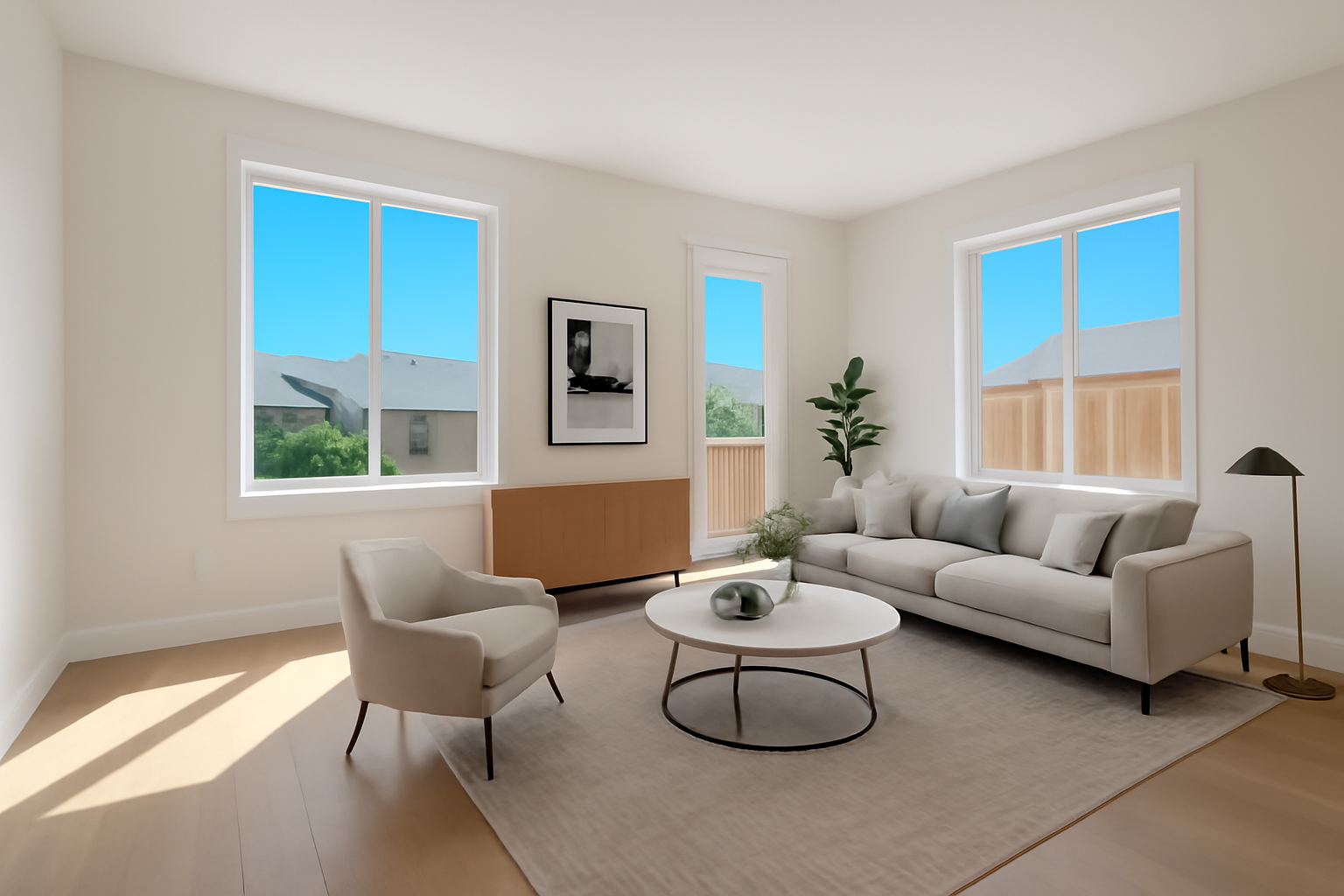 Virtually staged living room with modern furniture showcasing a transformation.