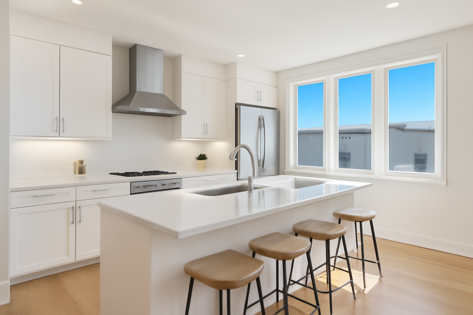 Luxurious modern kitchen with polished countertops and bright lighting.