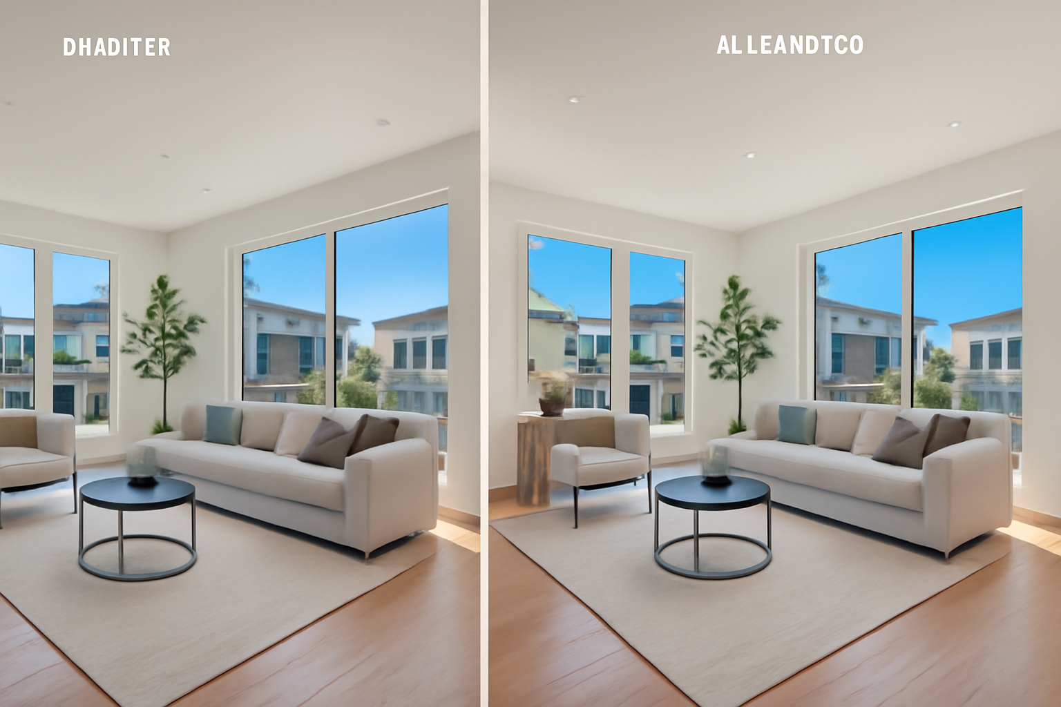 A side-by-side comparison of a living room photo showing the impact of AI editing in real estate photography.