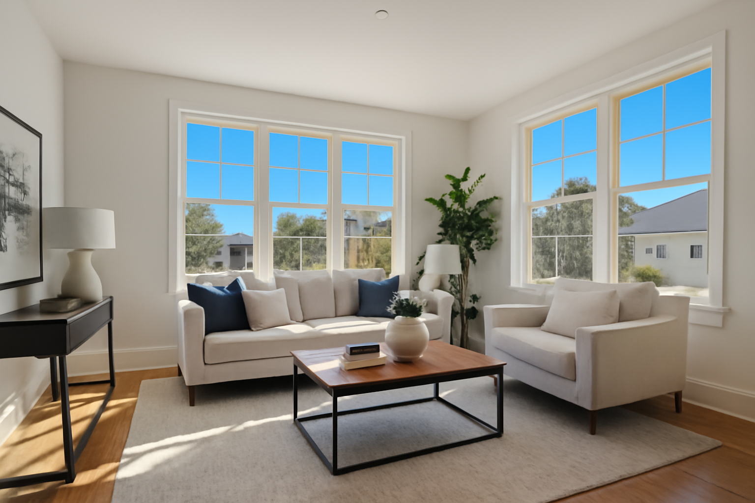 Stunning interior of a living room with immaculate staging, sunlight pouring through large windows.