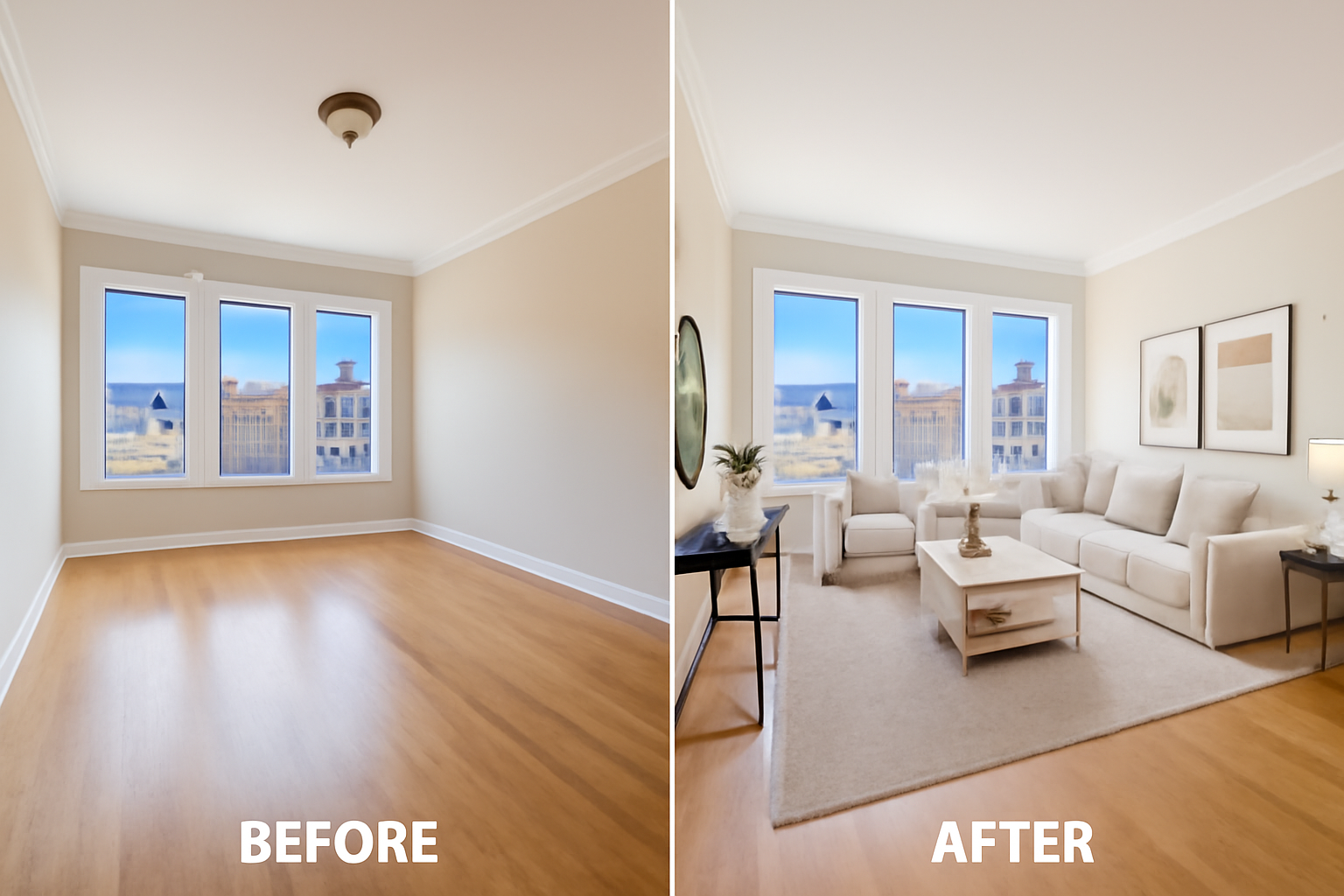Digitally staged modern living room showcasing virtual home staging enhancements.
