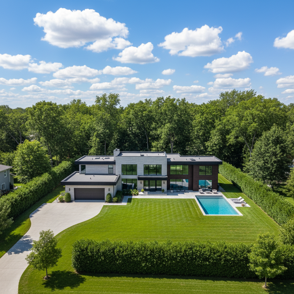 Modern suburban house under a clear, vibrant blue sky, highlighting curb appeal.