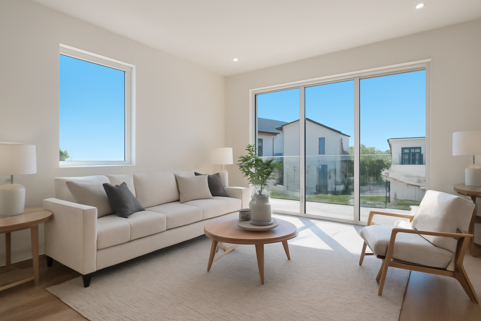 A clean, neutral living room optimized for real estate viewing.