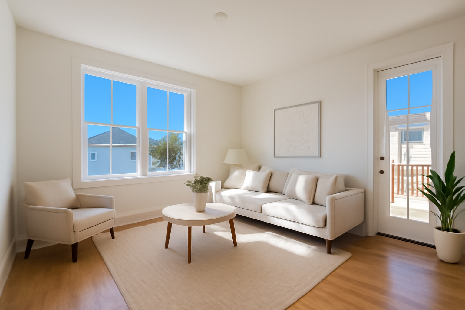 Depersonalized living room ready for real estate viewing, featuring minimalist decor and inviting atmosphere.