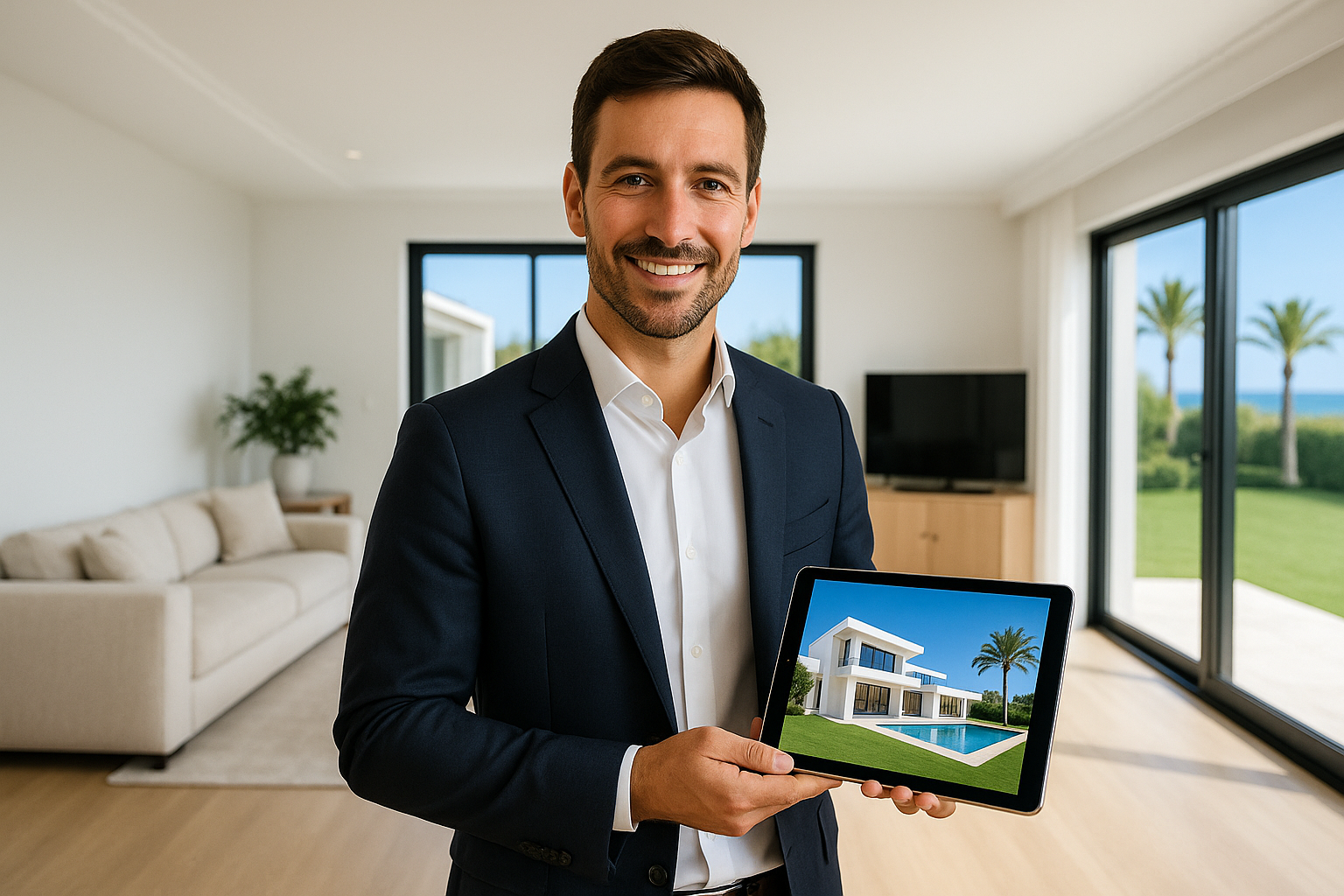 A property manager showcasing enhanced real estate photos in a bright living room.
