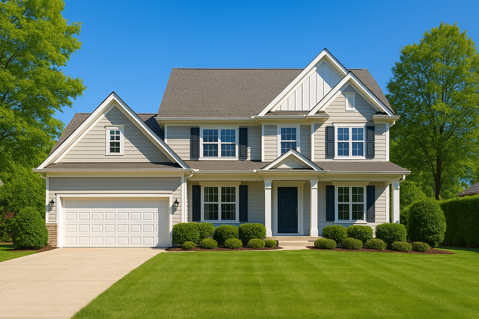 A suburban house photographed in optimal daylight with lush greenery and a vibrant sky.
