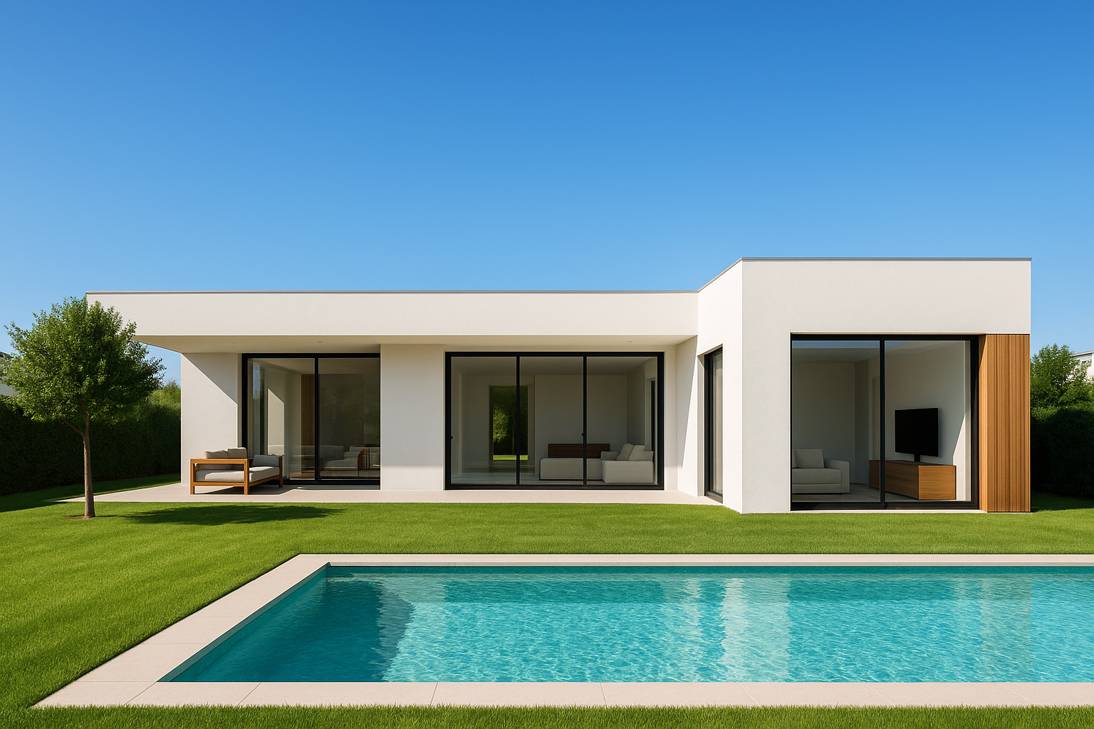 Modern real estate exterior with bright blue sky and lush green lawn