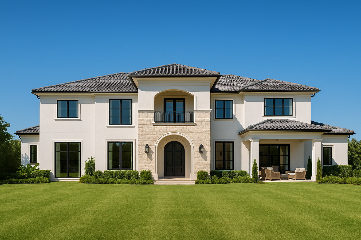 Luxurious mansion with perfect lighting and blue sky