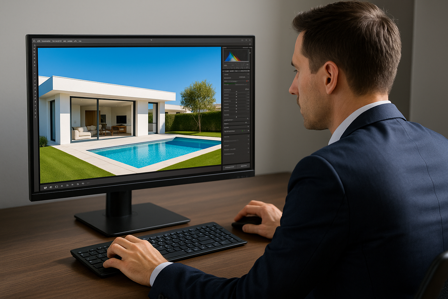 Real estate agent editing property photos on a computer with vibrant images displayed.