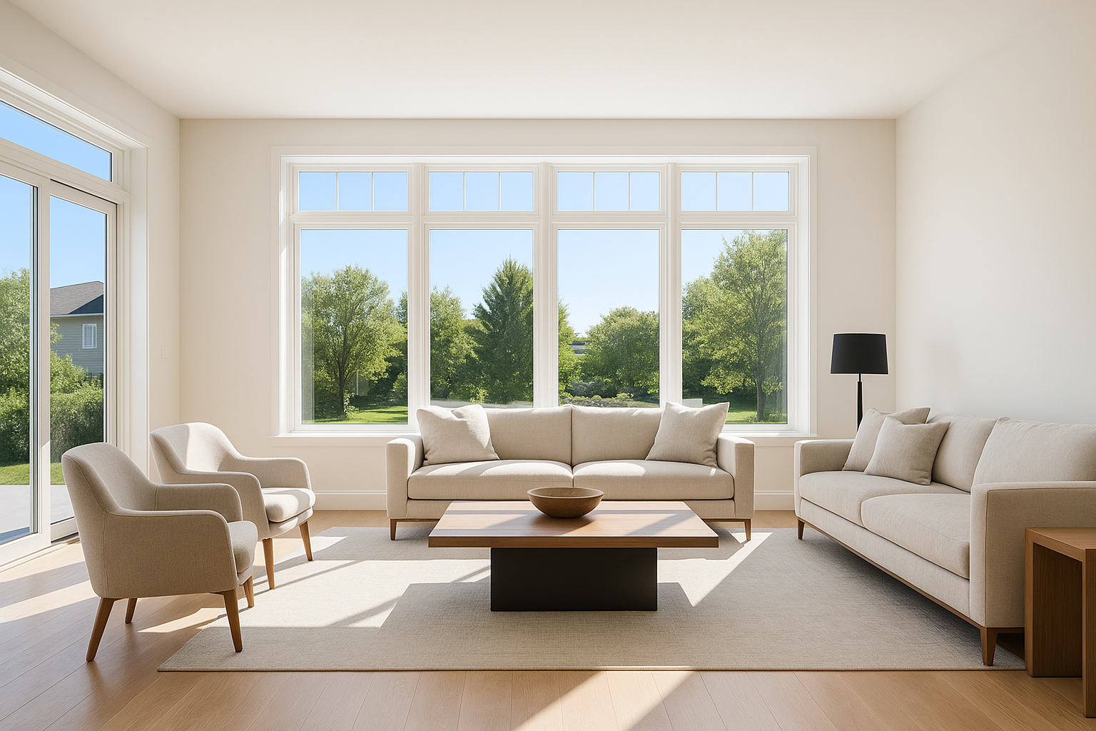 Sunlit modern living room with large windows and contemporary decor.