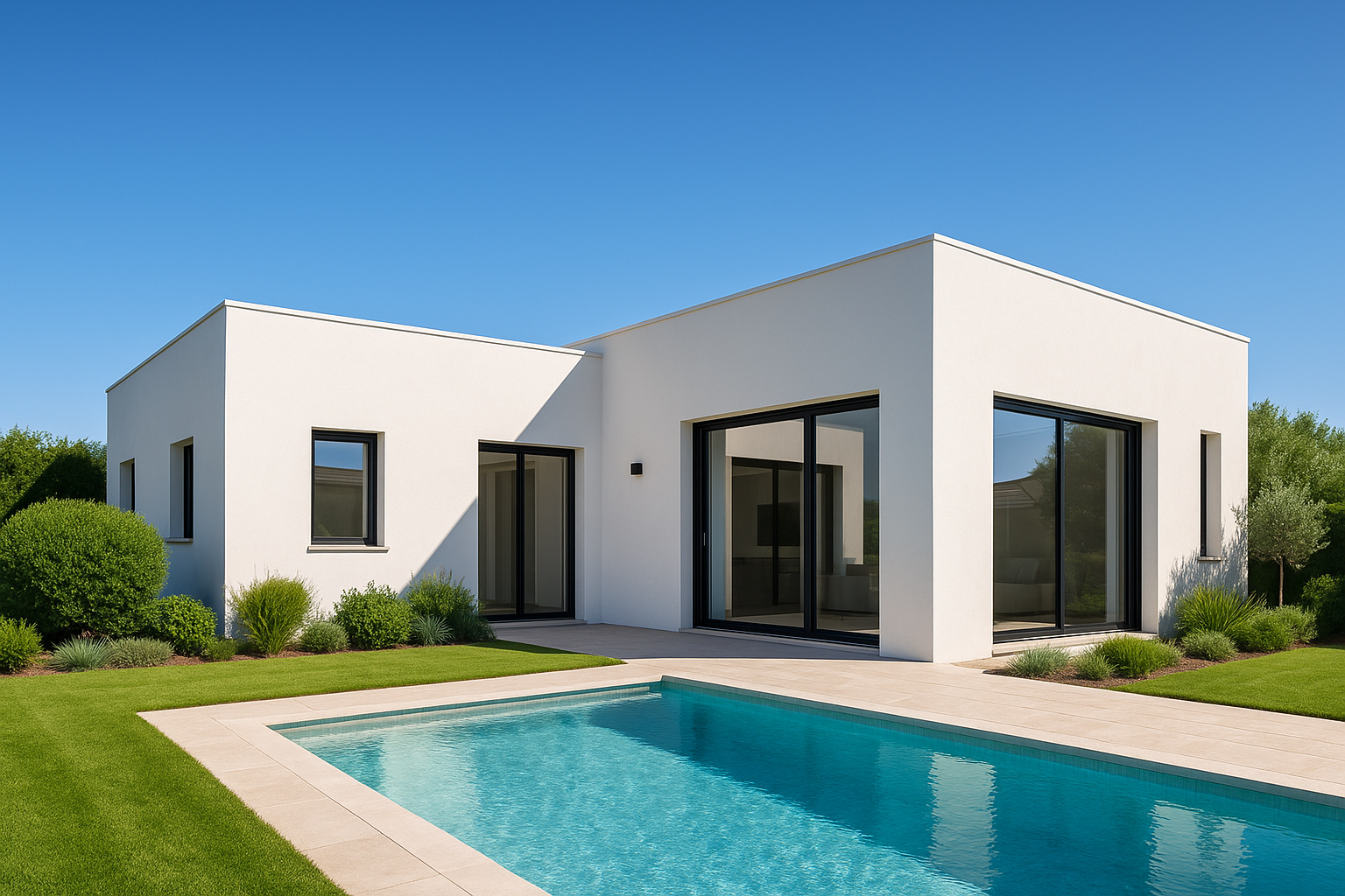 A modern house exterior with bright gardens under a blue sky.