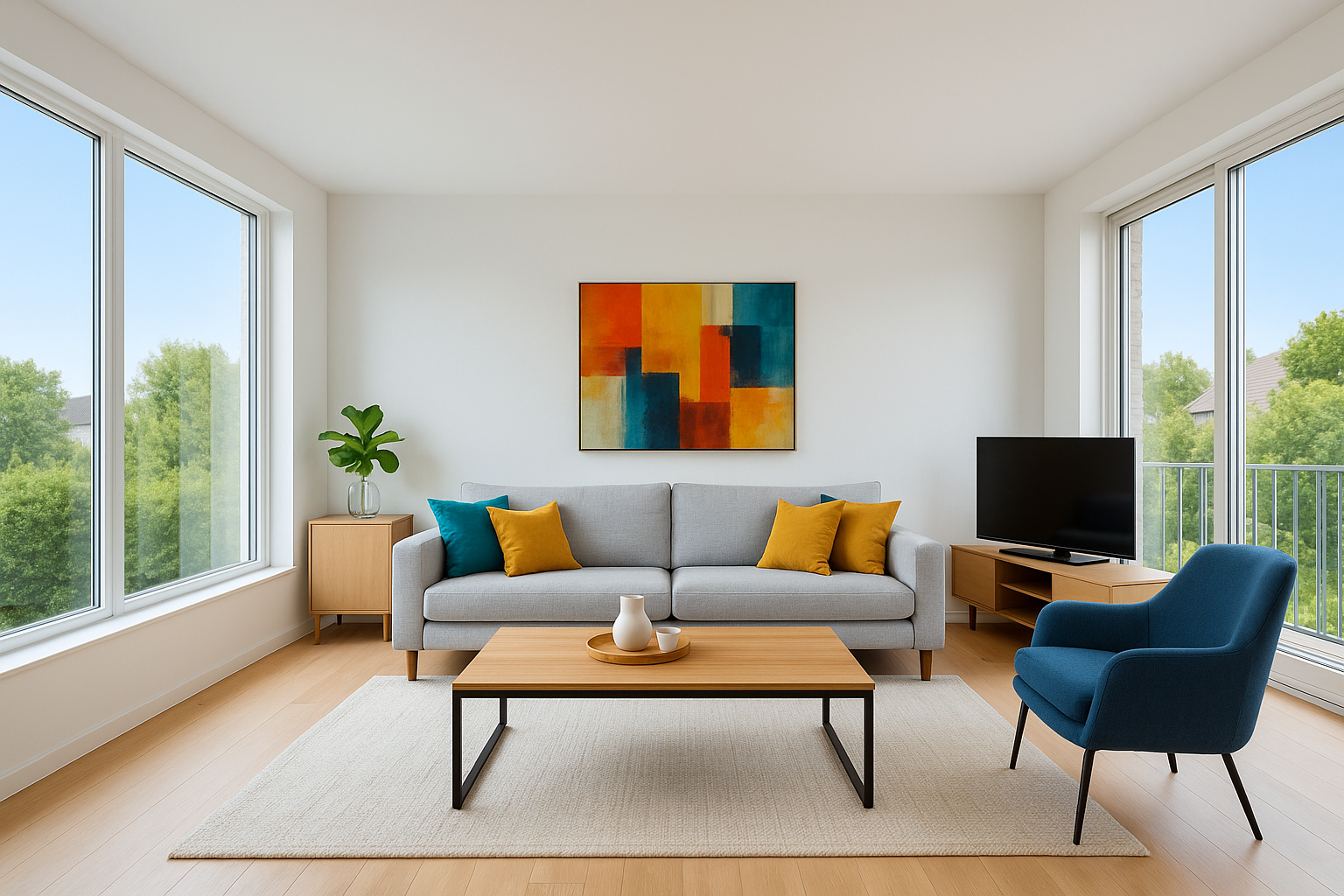 A bright and inviting living room, perfectly staged and captured, utilizing advanced photography techniques.