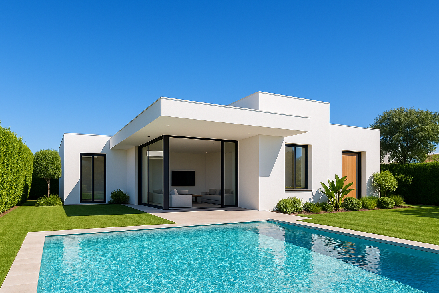 Modern home exterior with blue skies and green landscaping