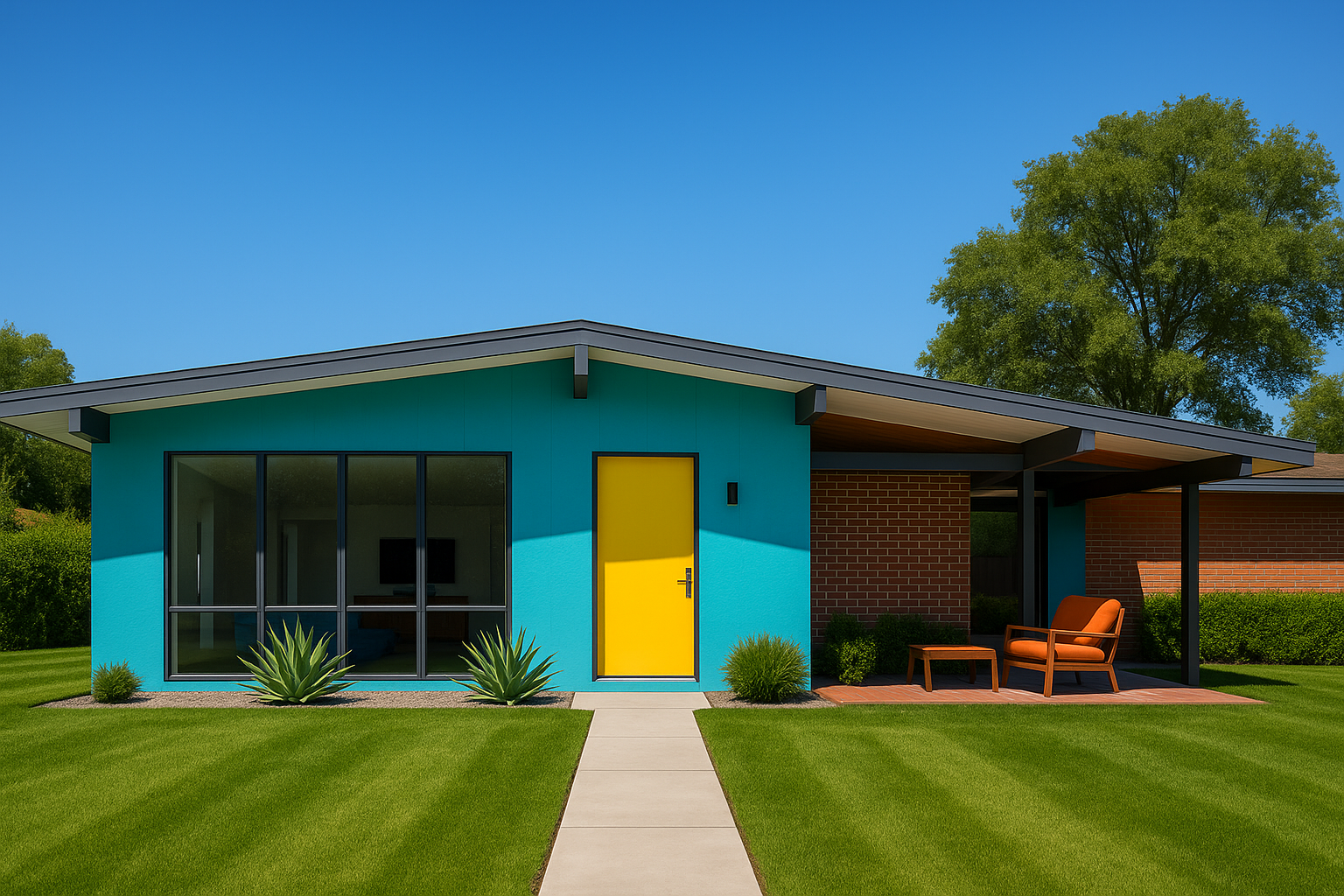 Bright and colorful exterior photo of a modern house under a clear blue sky.