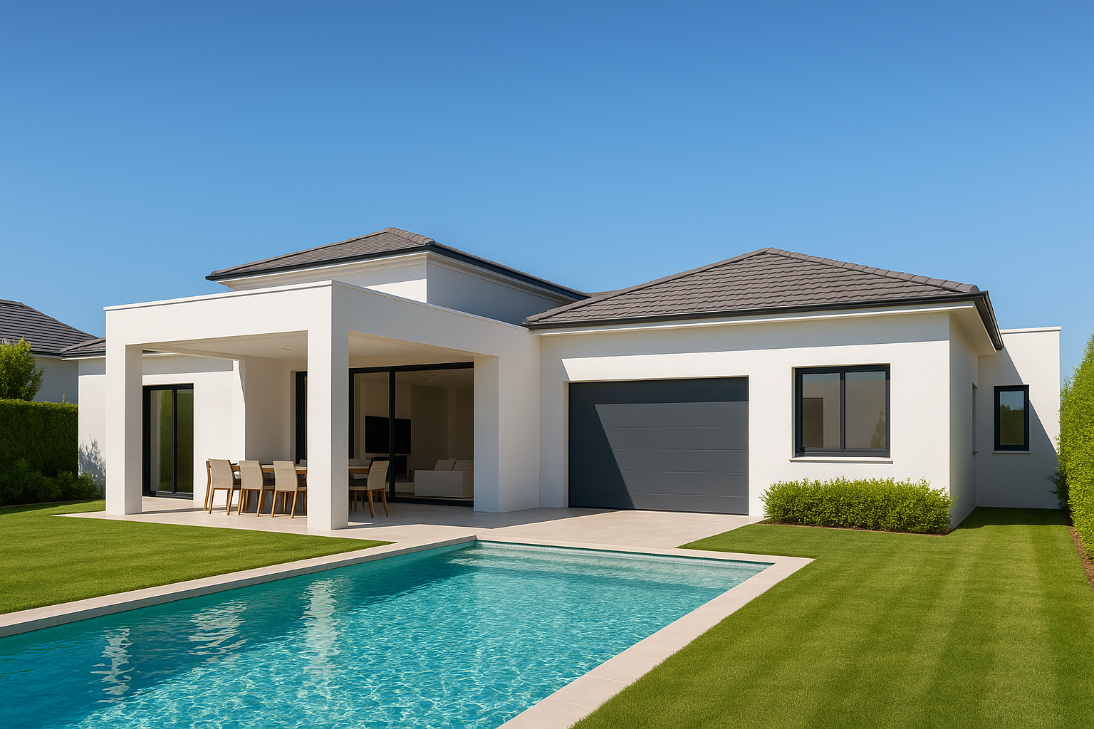 A professionally enhanced image of a bright, modern house exterior with a clear blue sky, showcasing real estate photo enhancement.