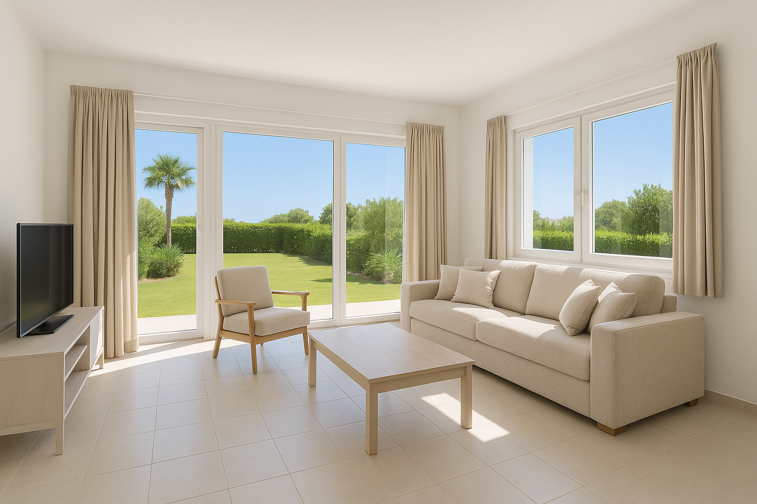 Bright vacation rental living room with large windows and garden view