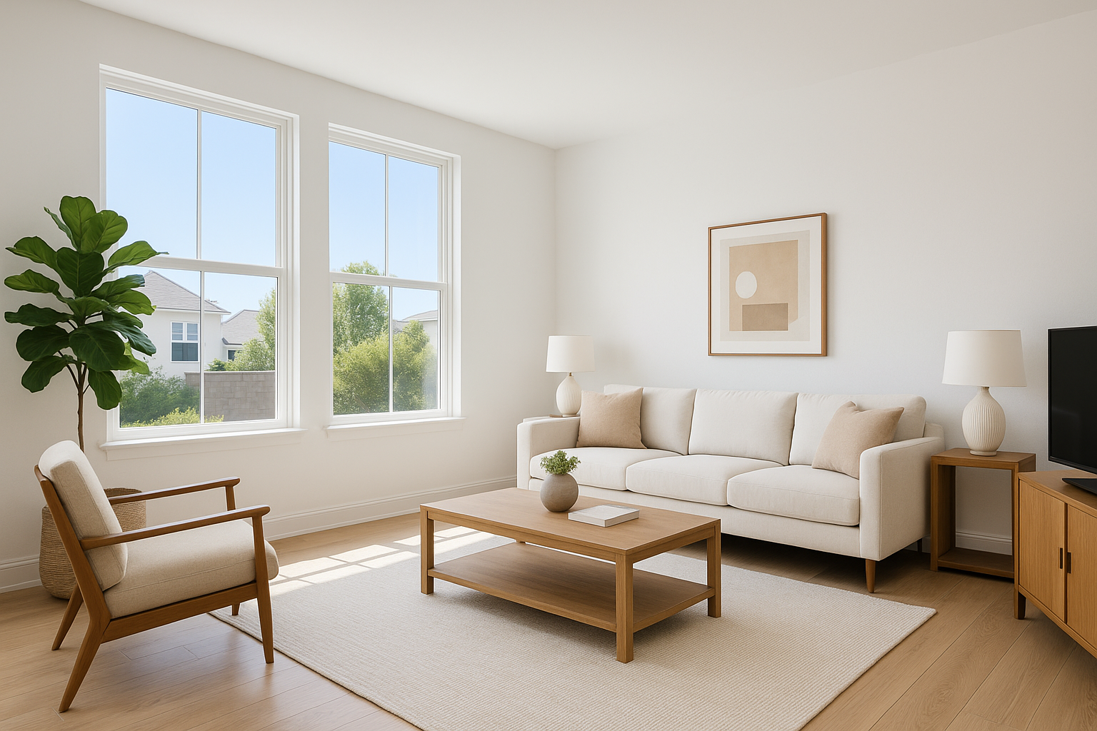 A professional real estate photo of a bright living room with elegant furniture and natural lighting.