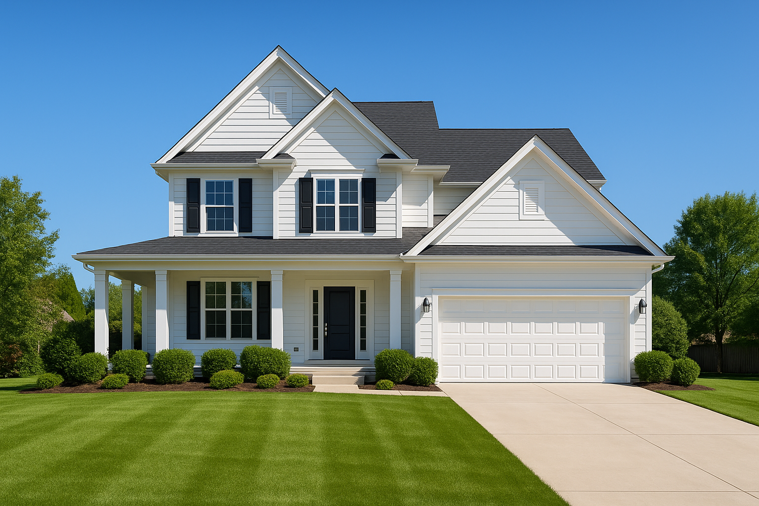 A beautifully enhanced real estate photo of a suburban home under a clear blue sky.